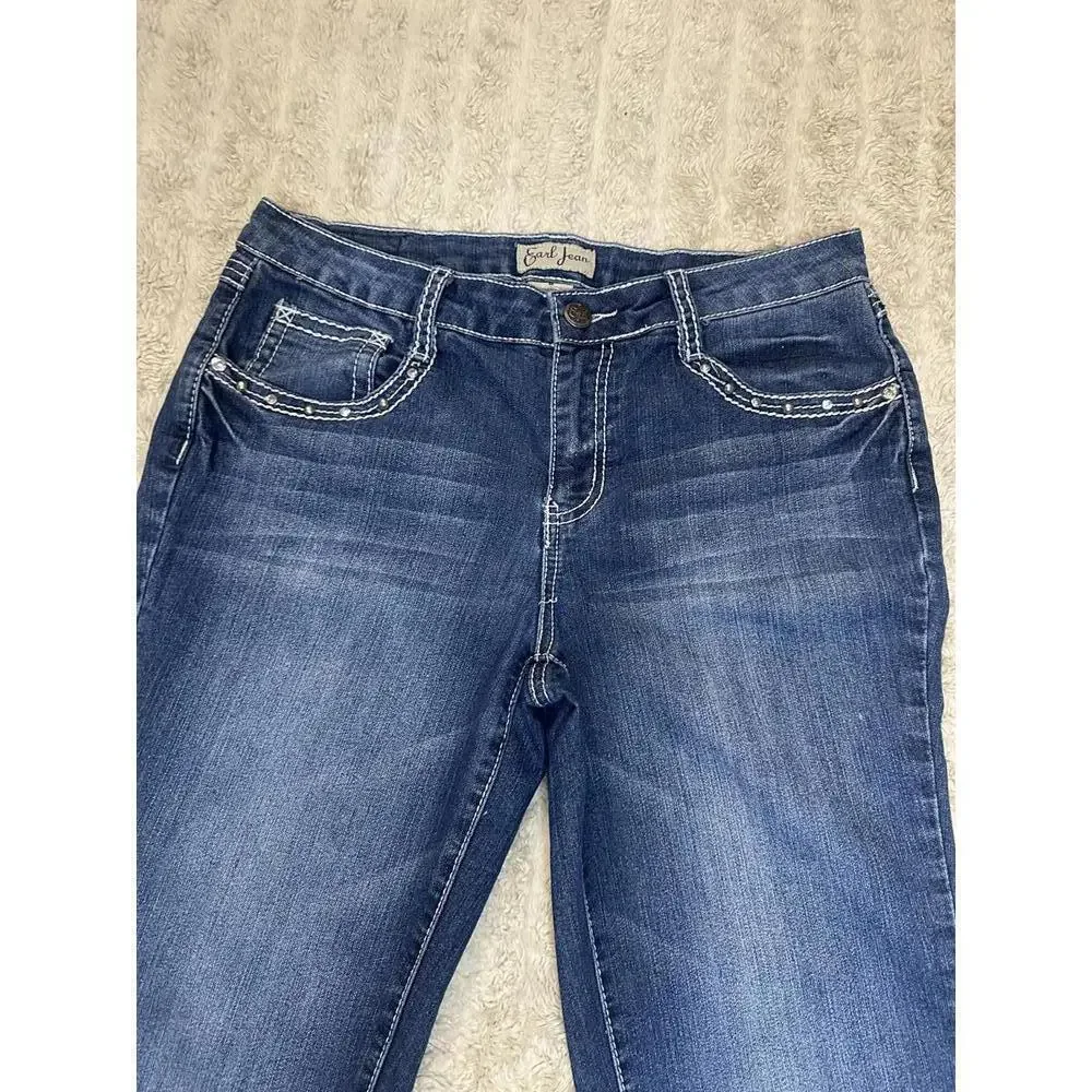 Vtg Earl Jeans Y2K medium wash rhinestone embellished denim capris Size 8 - Picture 2 of 8